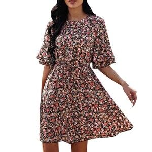 Floral Print Ruffle Short Sleeve Loose Swing A Line Dress Sz M